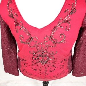 Miss Me lace 3/4 sleeve rhinestones sequins studs women's Large burgundy red